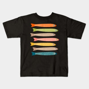 ANCHOVIES Bright Graphic Fun Groovy Fish in Vintage Orange Yellow Pink Blue Green Beige on Charcoal - Horizontal Layout - UnBlink Studio by Jackie Tahara Kids T-Shirt